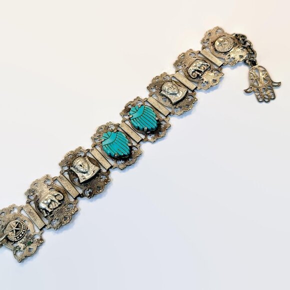Vintage Egyptian Revival Bracelet: Turquoise Scarabs Art Deco Panel Filigree - Picture 4 of 5